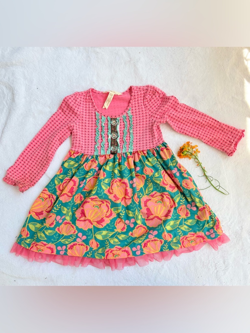 Matilda Jane Girls Pink & Teal Floral Long-Sleeve Dress
